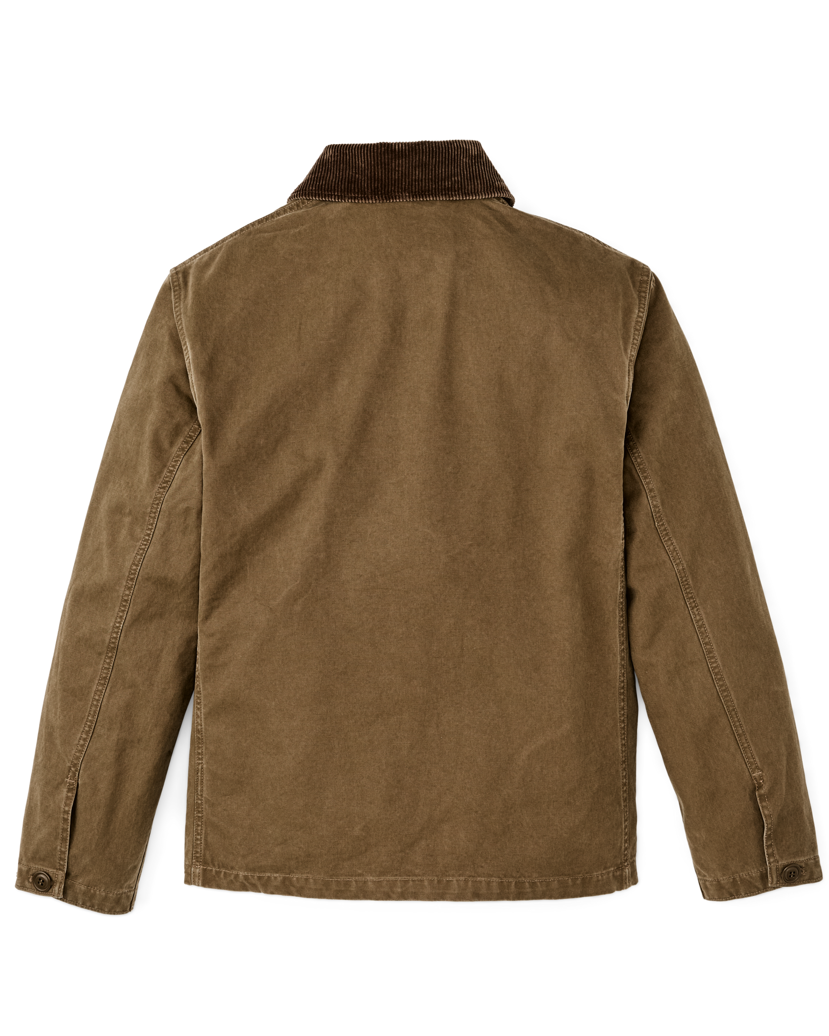 Men's canvas work jacket rear view with corduroy collar and side vents