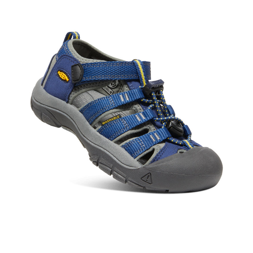 Blue and gray kids' sport sandal with adjustable straps and protective toe cap