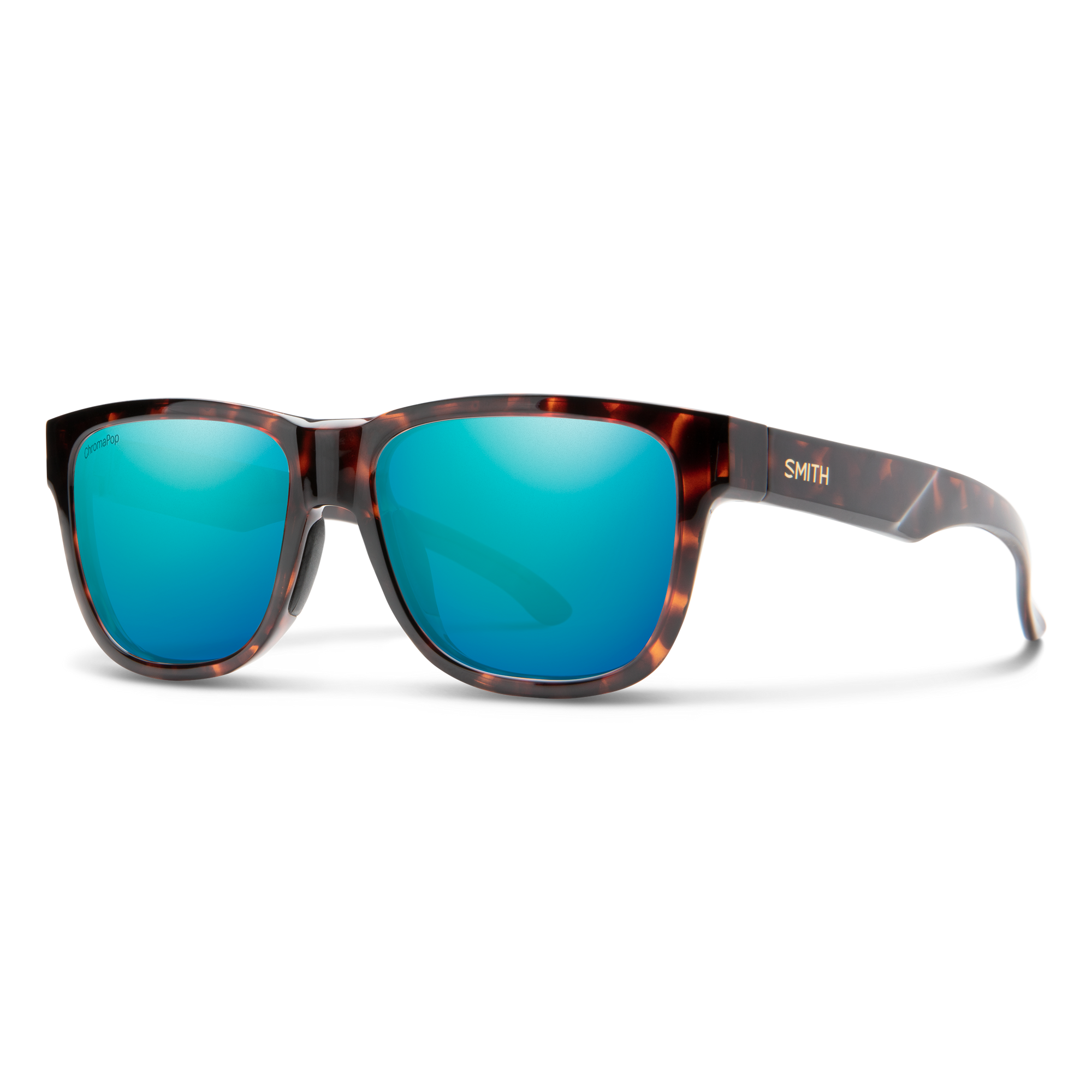 Tortoiseshell sunglasses with blue mirrored lenses on white background