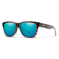 Tortoiseshell sunglasses with blue mirrored lenses on white background