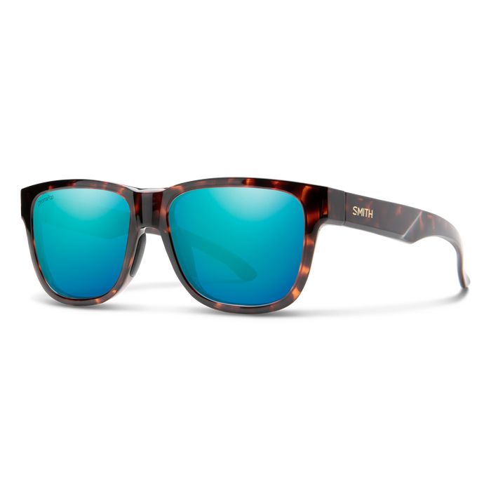 Tortoiseshell sunglasses with blue mirrored lenses on white background