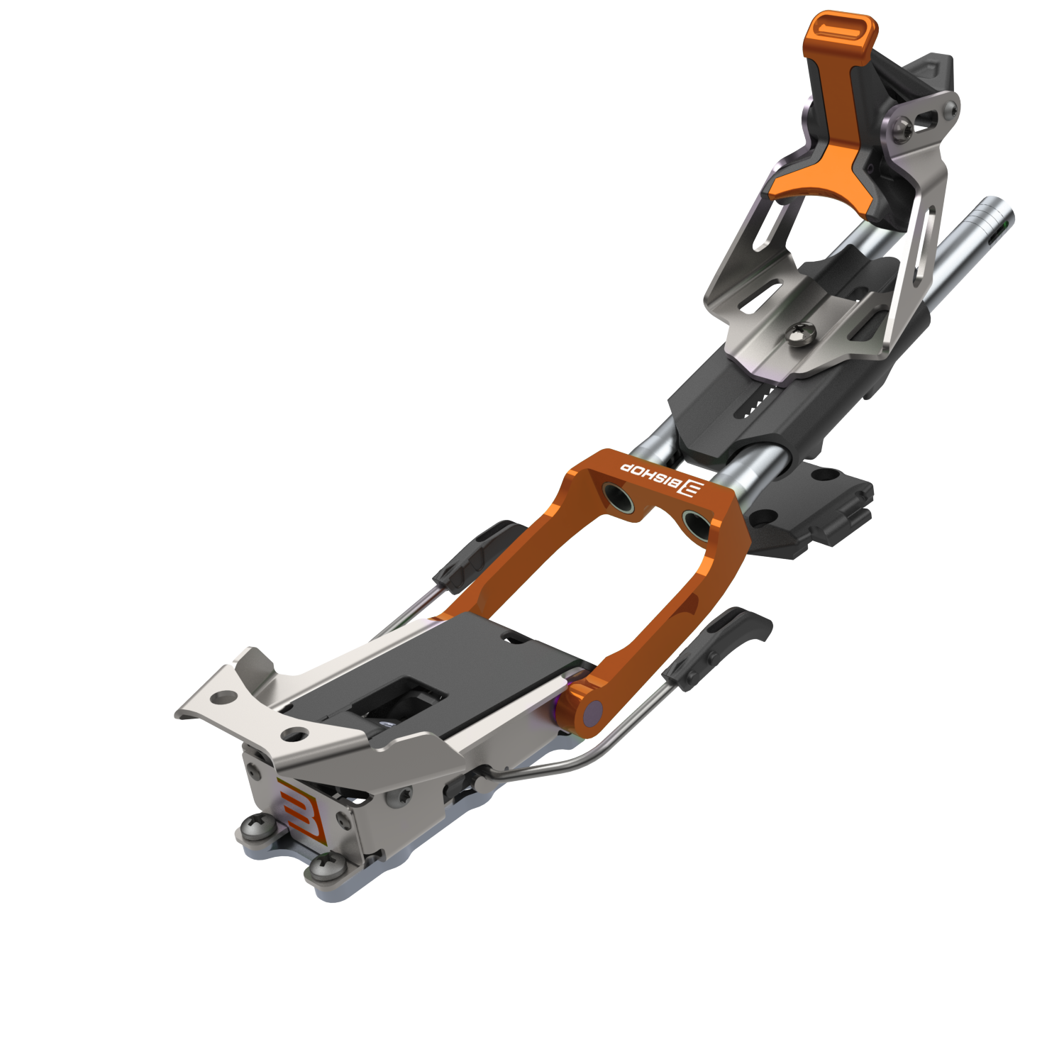 Telemark ski binding with orange heel piece and gray toe mechanism, angled view