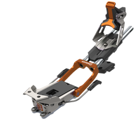 Telemark ski binding with orange heel piece and gray toe mechanism, angled view