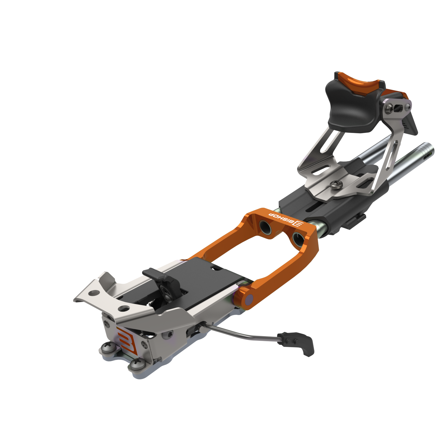 Telemark ski binding with orange frame and silver metal components on white background