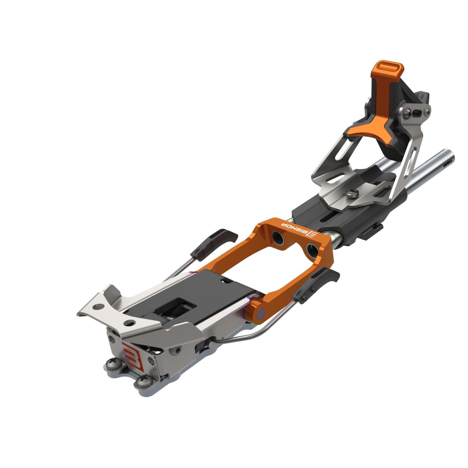 Telemark ski binding with orange and silver metal components shown at an angle