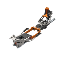 Telemark ski binding with orange and silver metal components shown at an angle