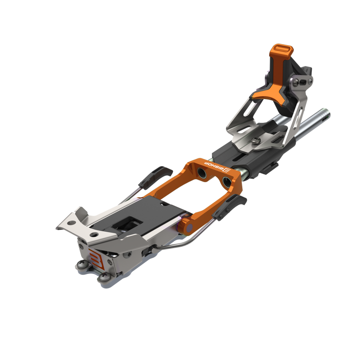 Telemark ski binding with orange and silver metal components shown at an angle