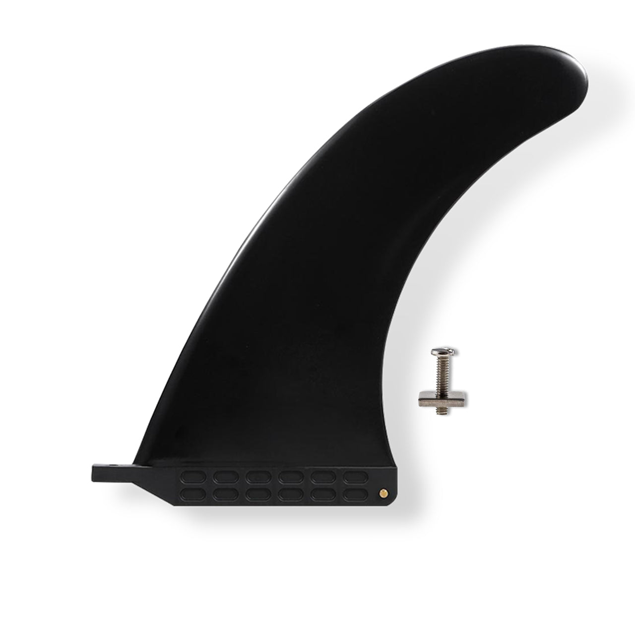 Black surfboard fin with mounting plate and screw hardware shown on white background