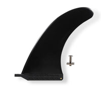 Black surfboard fin with mounting plate and screw hardware shown on white background