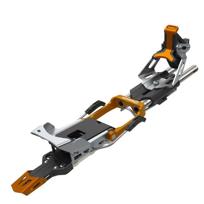 Alpine ski touring binding with orange and black aluminum frame, heel and toe pieces visible