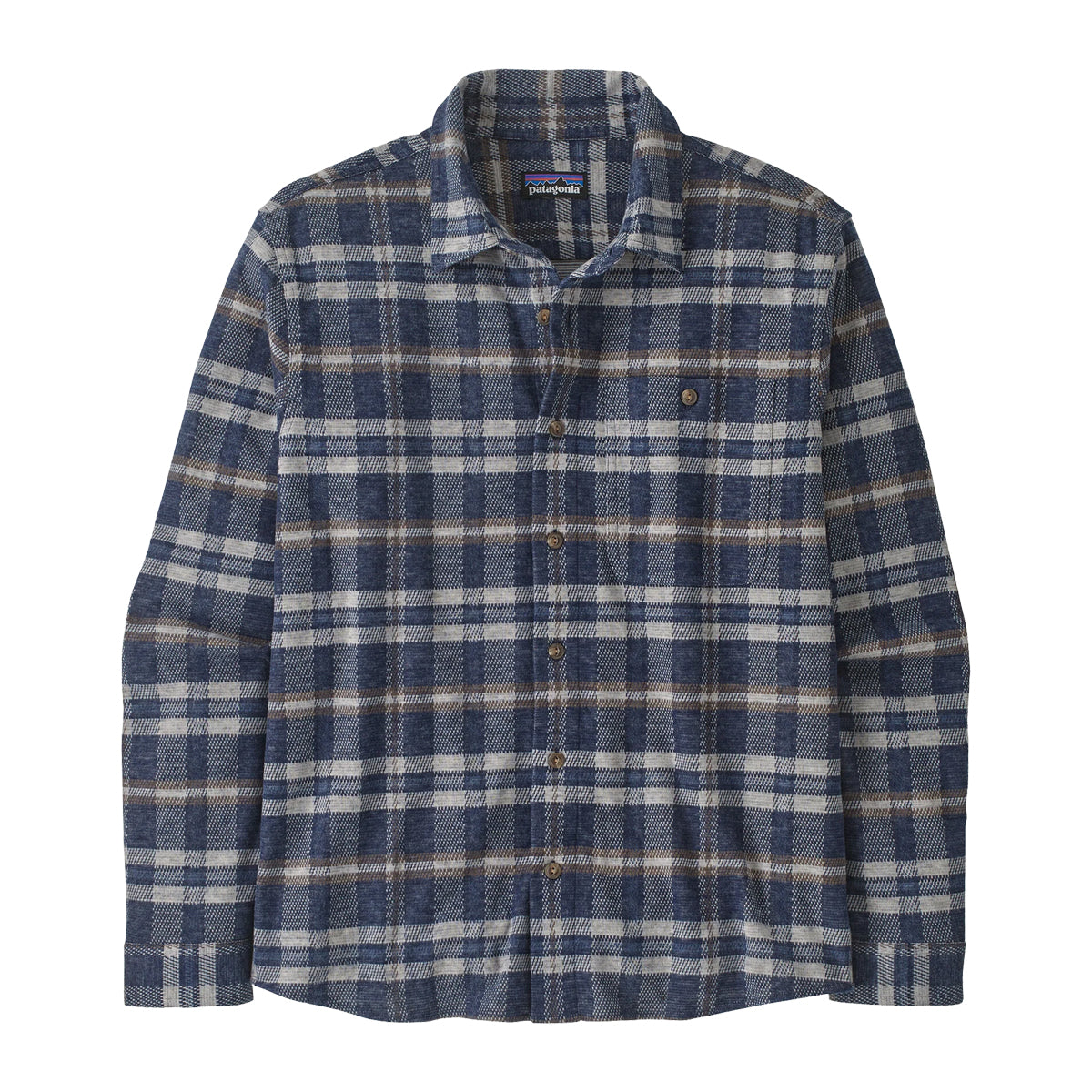 Men's long-sleeve plaid flannel shirt with button front and chest pocket, flat lay view