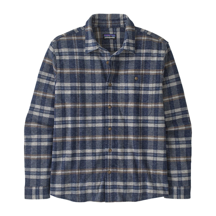 Men's long-sleeve plaid flannel shirt with button front and chest pocket, flat lay view