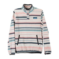 Striped pullover fleece with snap neck closure and front pocket, featuring colorful horizontal pattern