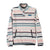 Striped pullover fleece with snap neck closure and front pocket, featuring colorful horizontal pattern