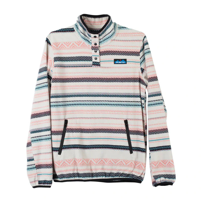 Striped pullover fleece with snap neck closure and front pocket, featuring colorful horizontal pattern