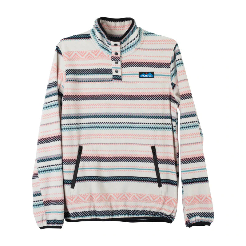 Striped pullover fleece with snap neck closure and front pocket, featuring colorful horizontal pattern