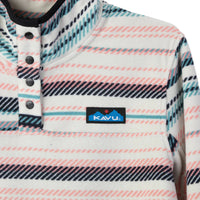 Striped fleece pullover with snap buttons and collar, featuring coral and teal pattern