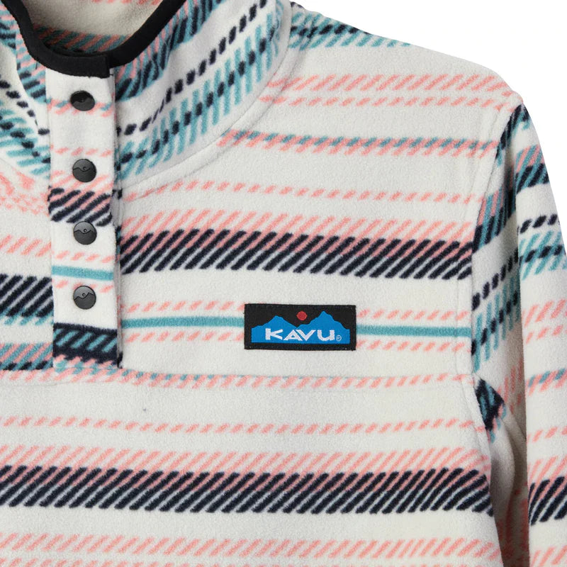 Striped fleece pullover with snap buttons and collar, featuring coral and teal pattern