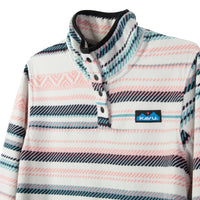 Fleece pullover with colorful striped pattern and snap button collar