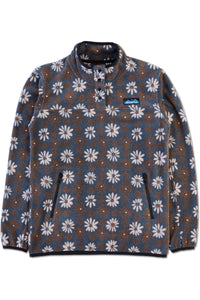 Fleece pullover with white daisy floral pattern on blue-brown background, quarter-zip collar