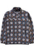 Fleece pullover with white daisy floral pattern on blue-brown background, quarter-zip collar