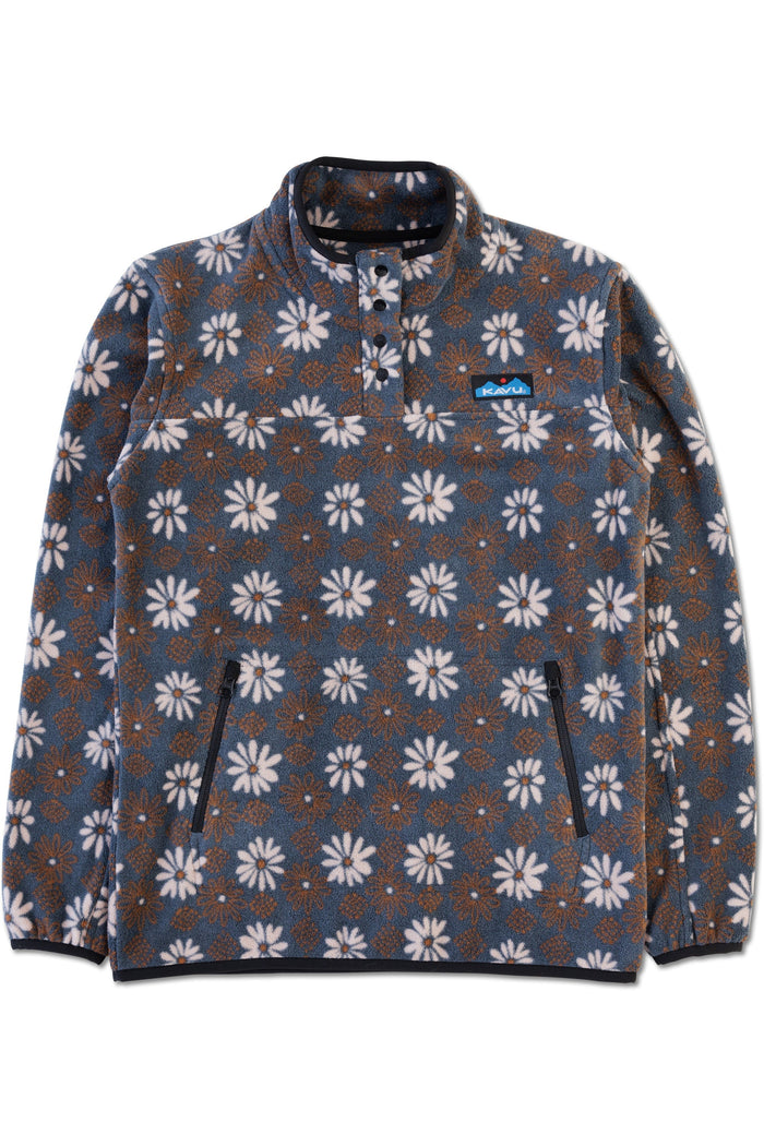 Fleece pullover with white daisy floral pattern on blue-brown background, quarter-zip collar