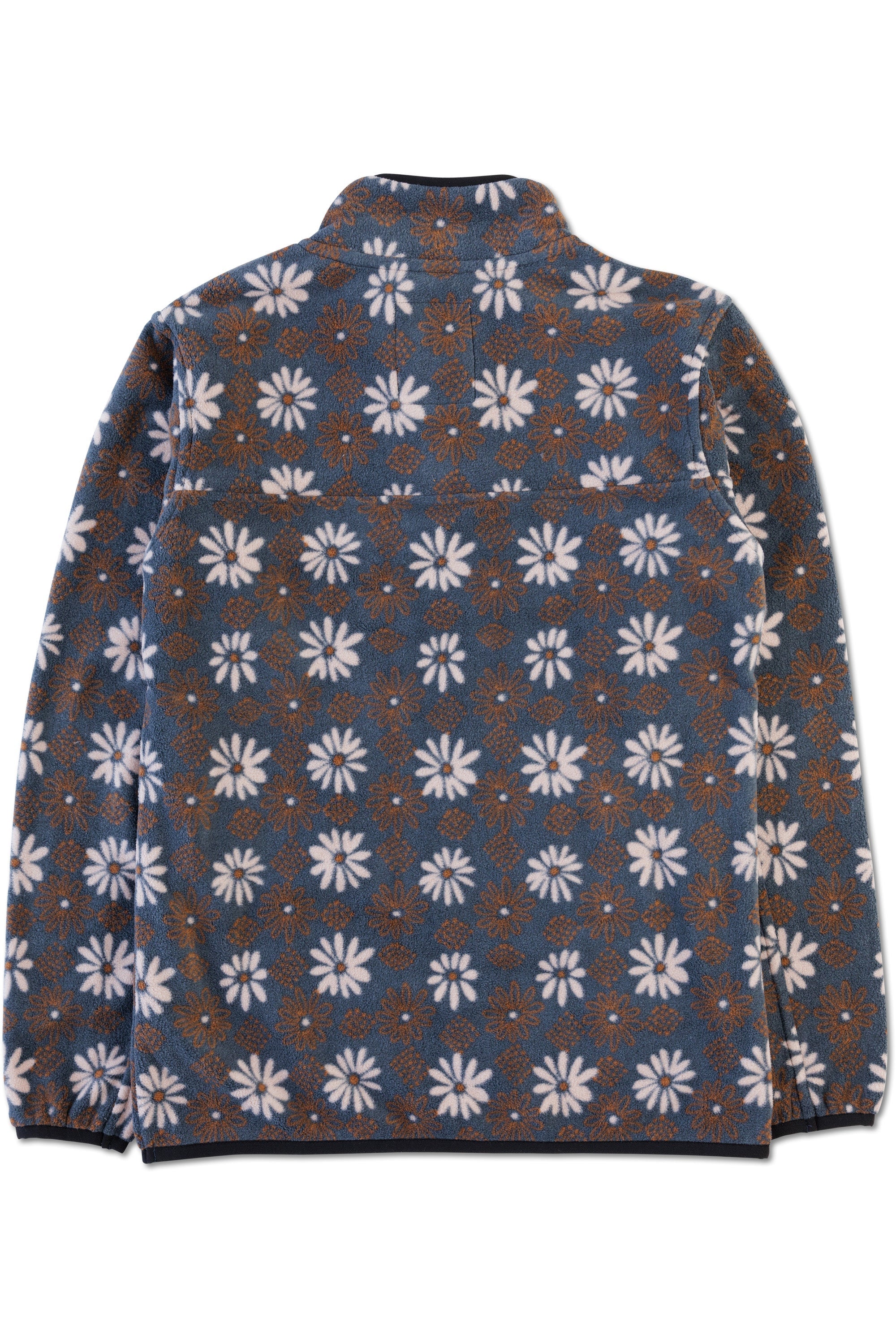 Fleece pullover with daisy floral pattern in blue and brown tones, back view