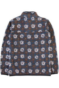 Fleece pullover with daisy floral pattern in blue and brown tones, back view
