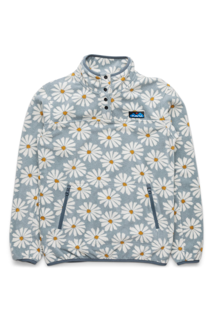 Light blue fleece pullover with white daisy print, quarter-zip closure and front pockets