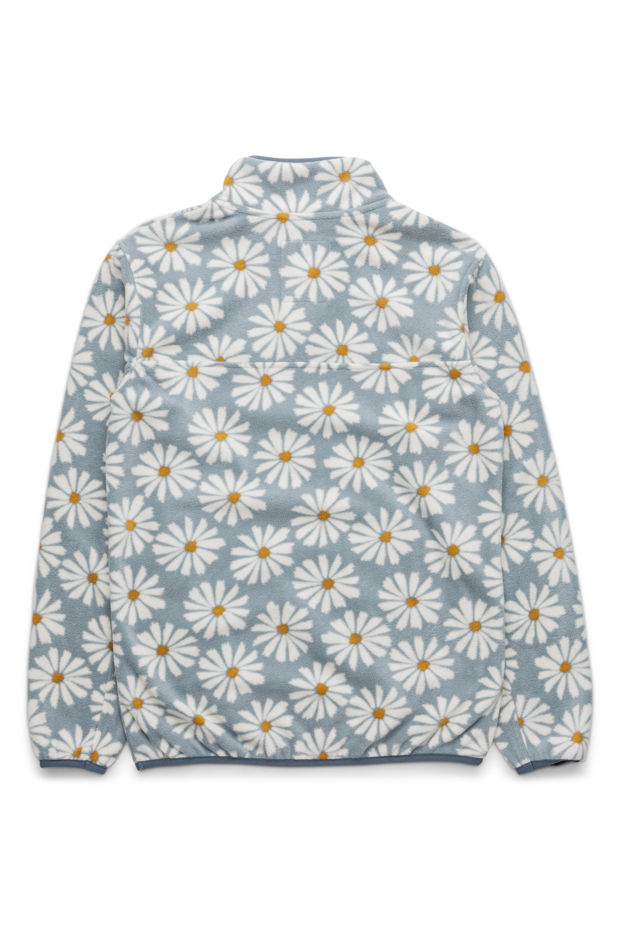 Light blue fleece pullover with white daisy floral pattern, back view on white background
