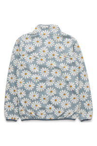 Light blue fleece pullover with white daisy floral pattern, back view on white background