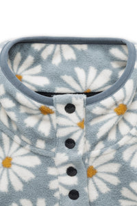 Light blue fleece pullover with white daisy print and snap button closure