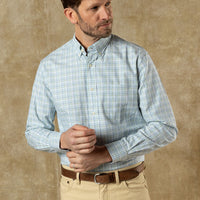 Men's long sleeve button-down shirt in light blue and green check pattern, front view