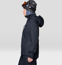 Women's insulated ski jacket in black, side profile view with hood and goggles