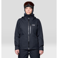 Women's insulated ski jacket in black, front view, with hood and ski goggles
