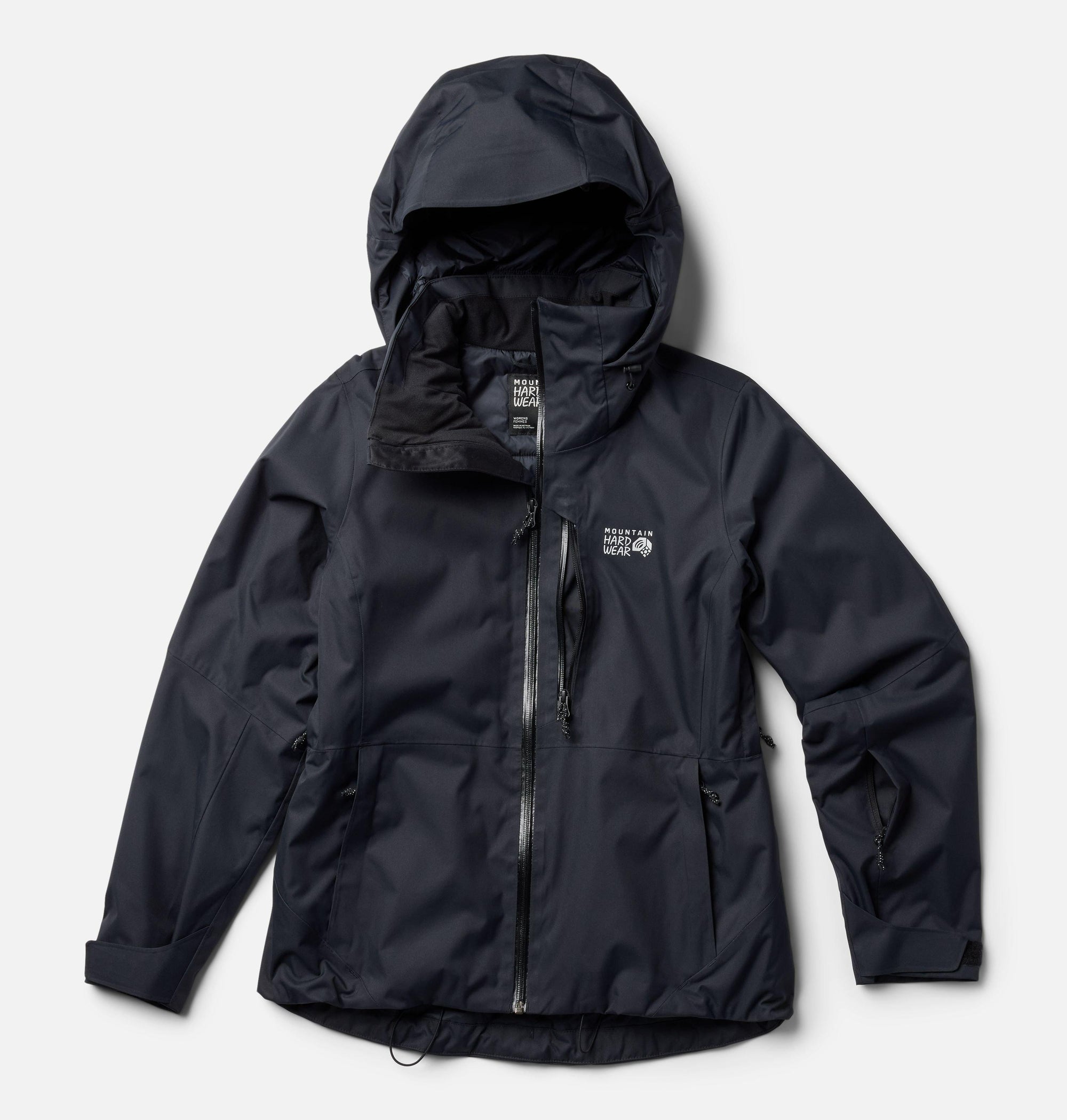 Black insulated hooded jacket with full zip, side pockets, and adjustable hem, front view