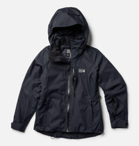 Black insulated hooded jacket with full zip, side pockets, and adjustable hem, front view