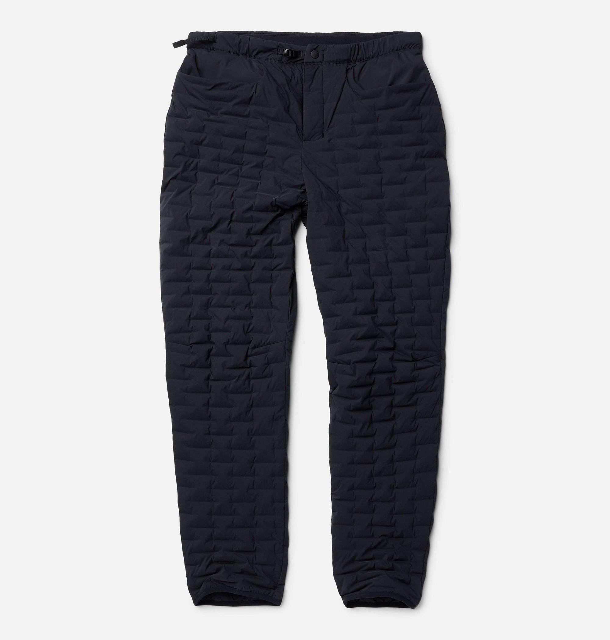 Black quilted insulated pants with elastic waistband and buckle closure, front view