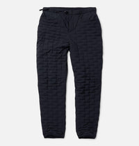 Black quilted insulated pants with elastic waistband and buckle closure, front view