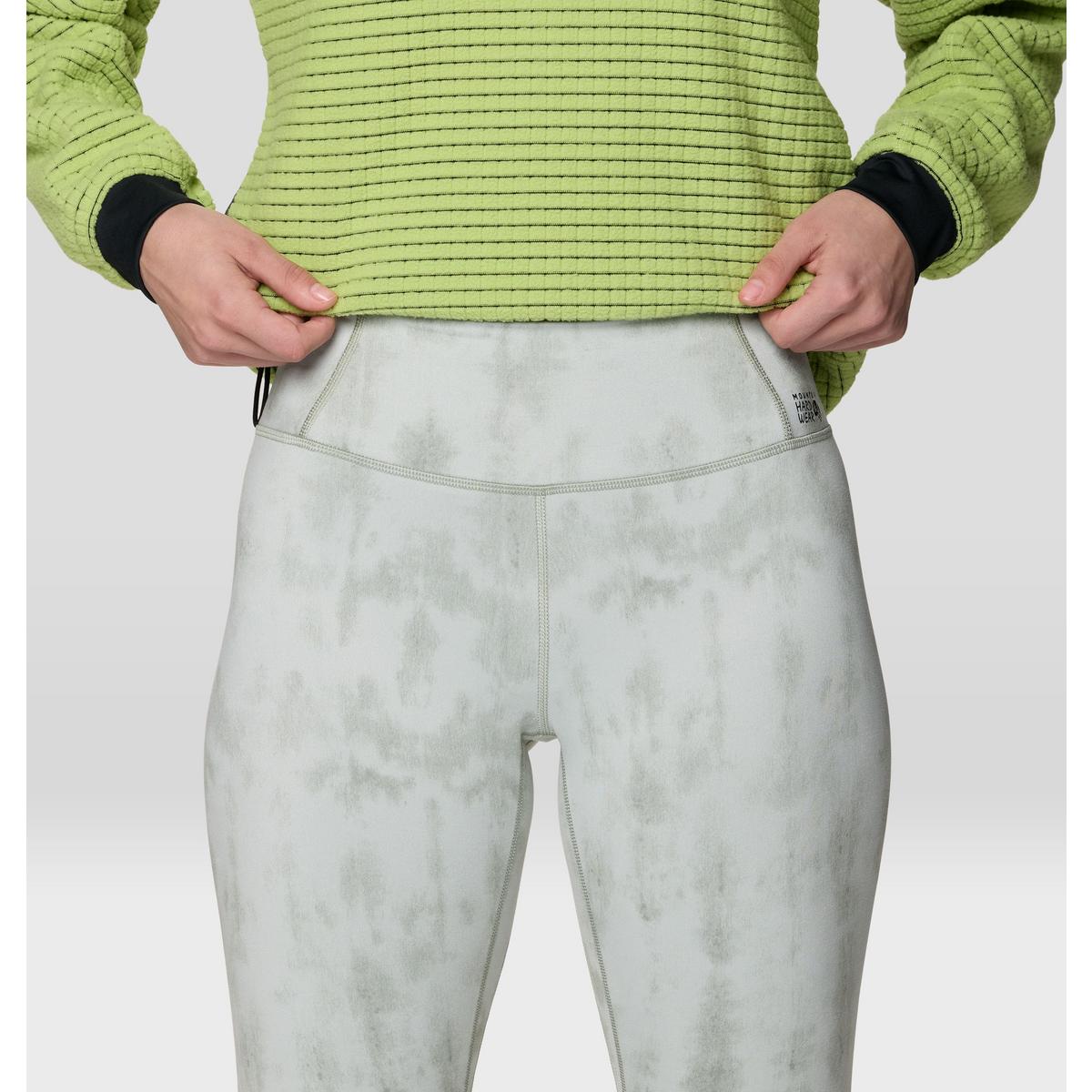 Close-up back view of women's high-waist fitted athletic tights with mottled grey pattern and side pocket