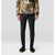Men's slim-fit black athletic pants shown on model with camo fleece pullover, front view