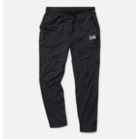 Black men's jogger pants with drawstring waist, side pockets, and small logo, flat lay view