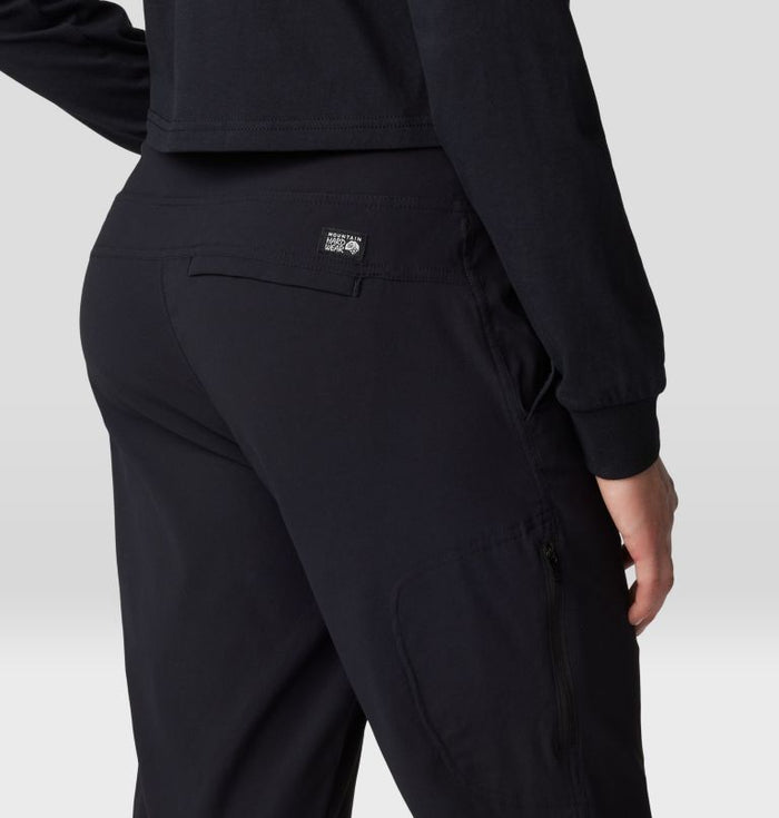 Black athletic pants with zippered leg pockets and ankle-length fit, back view