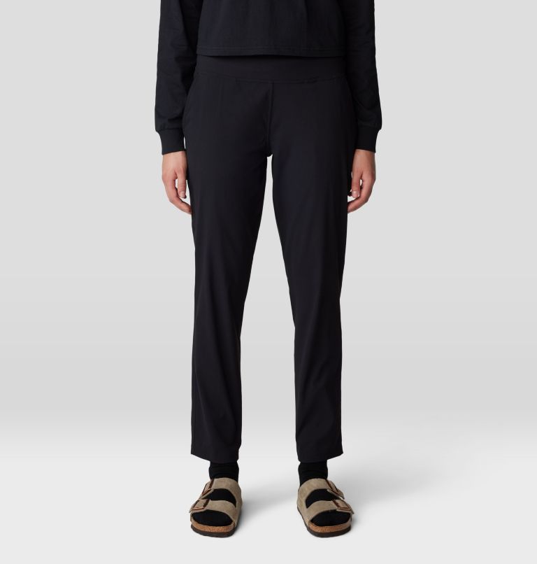 Black ankle-length pants with tapered fit and elastic cuffs, front view on model