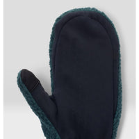 Fleece-trimmed mitten with navy palm panel and touchscreen-compatible thumb tip, palm view
