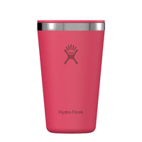 Pink insulated tumbler with stainless steel rim, hand logo, and tumbler lid, front view