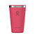 Pink insulated tumbler with stainless steel rim, hand logo, and tumbler lid, front view