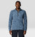 Men's quarter-zip fleece pullover in blue mountain peaks print pattern, front view on model