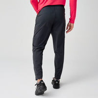 Black athletic pants with elastic waistband shown from back view on model