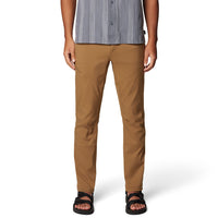 Tan brown outdoor pants with articulated knees worn with striped shirt and sandals